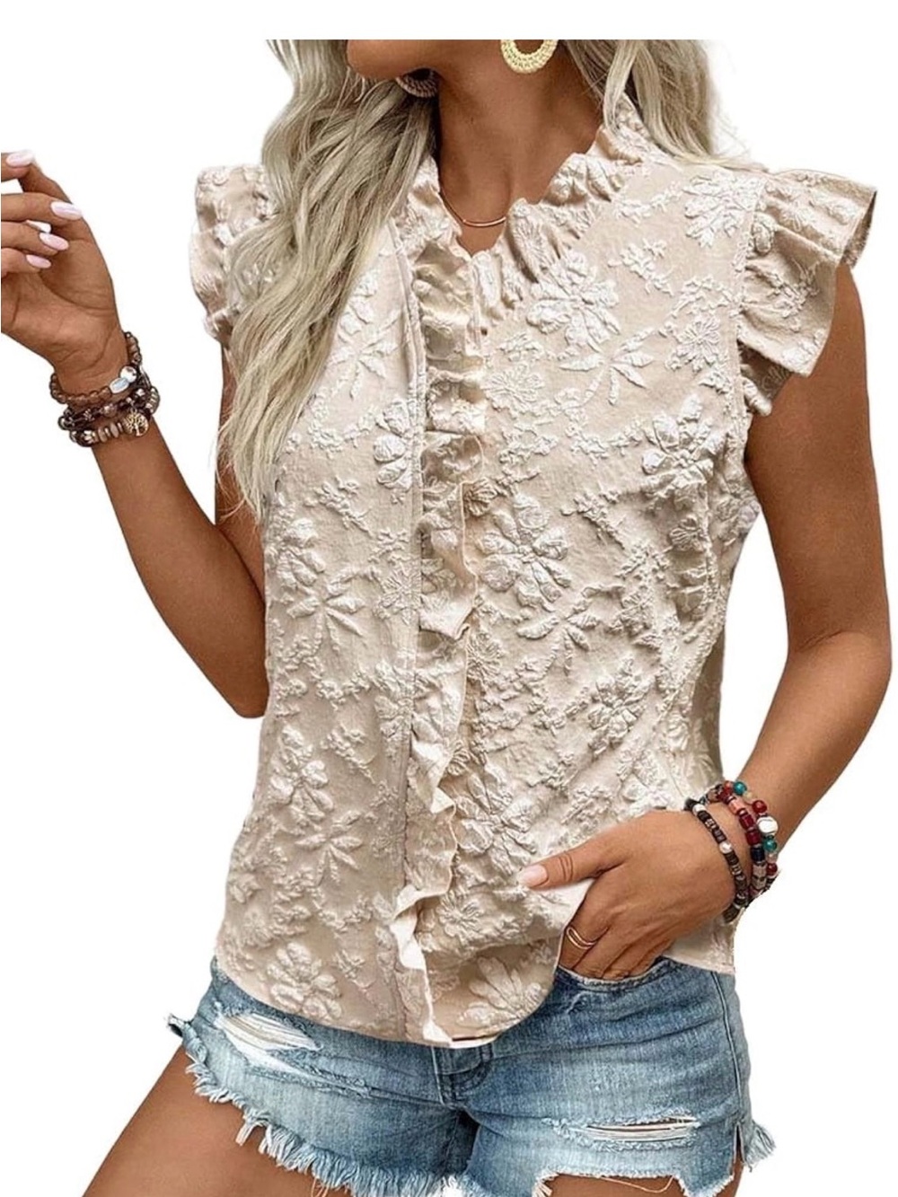 Embroidered Ruffle Sleeveless Blouse - Cream